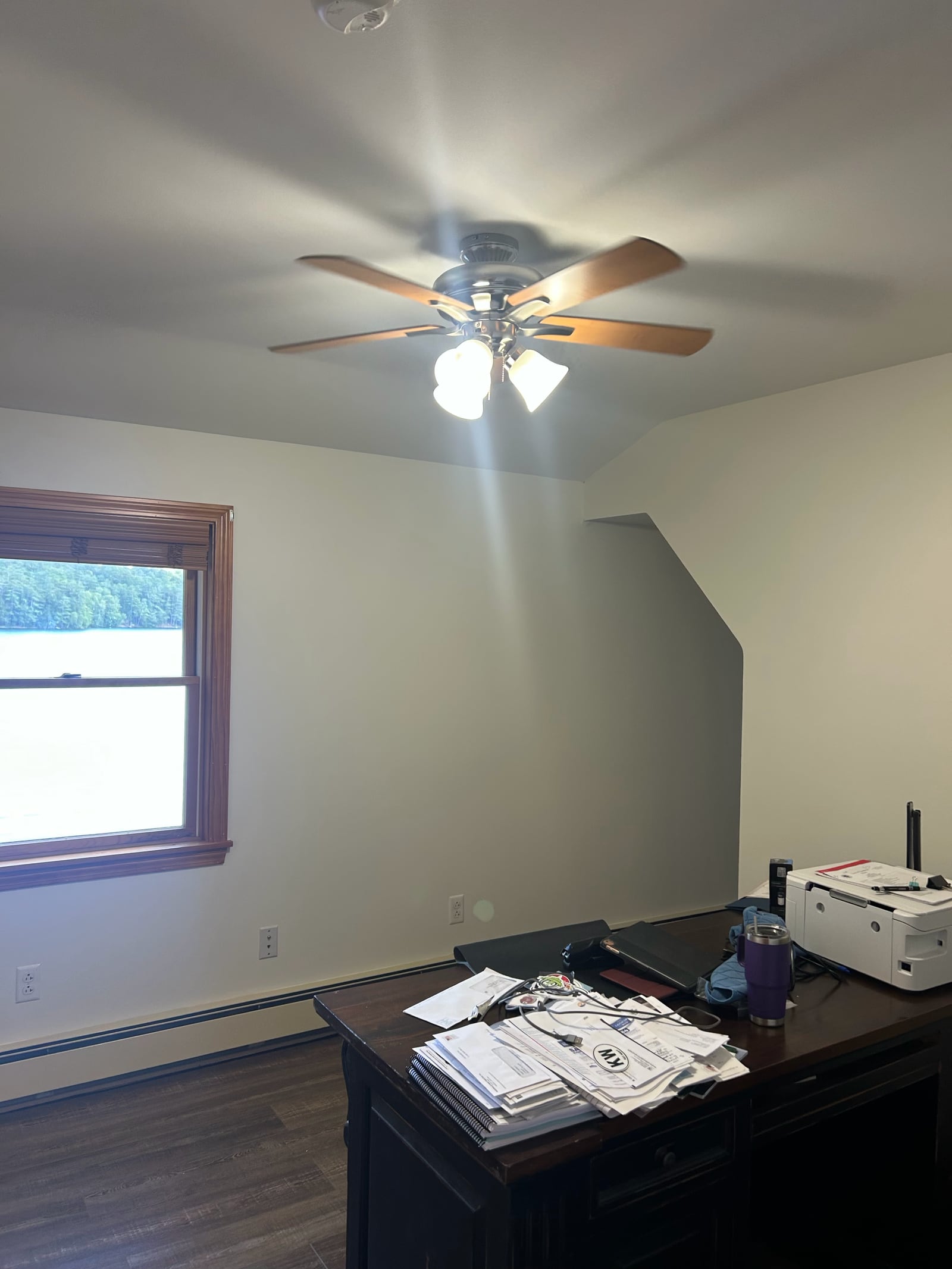 Interior room with light walls and a ceiling fan